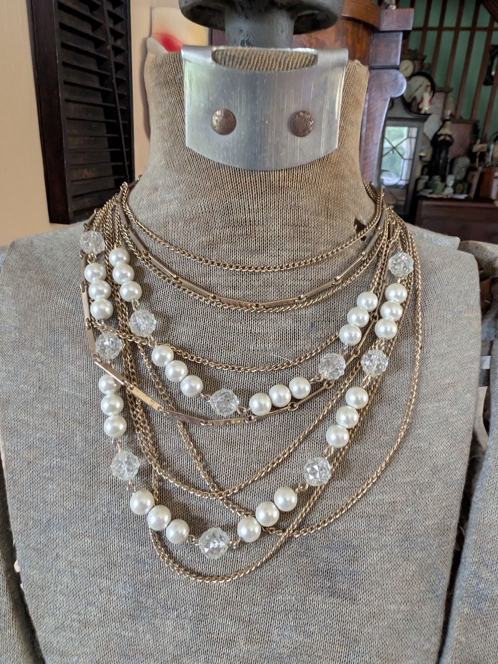 Layered Gold-Tone Multi-Strand Necklace with Pearls and Crystal Beads